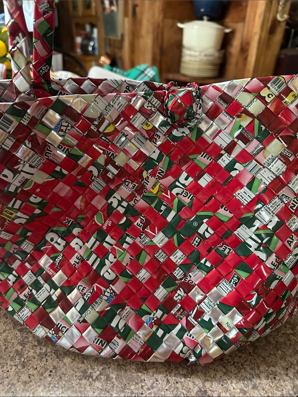 Handwoven Red & Green Recycled Tote Bag